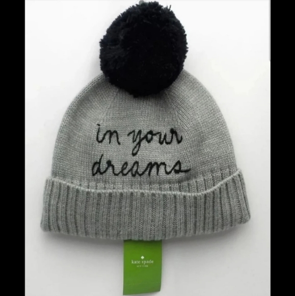 NWT Kate Spade In Your Dreams Pom Pom Beanie Hat Gray Black Knit - Picture 3 of 5